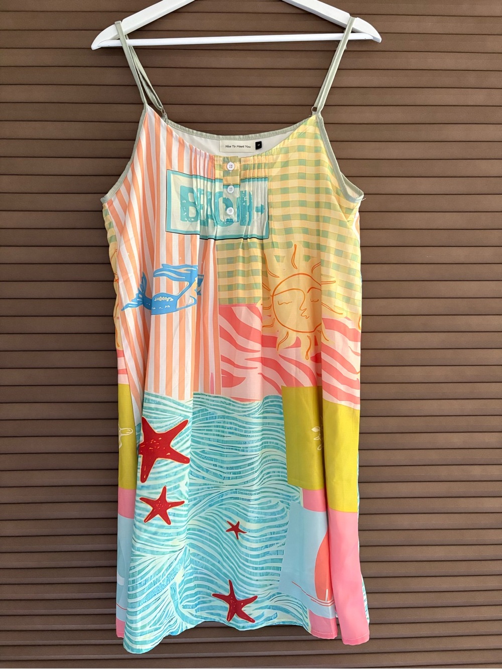 Patchwork Beach-Print Midi Dress in Pastel Multicolor
